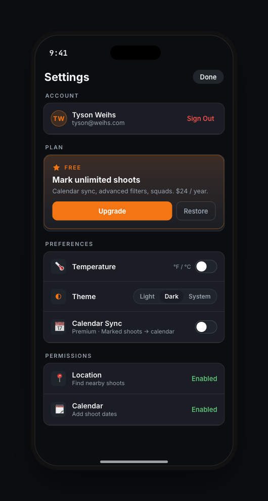 ShootSchedule preview: account and Premium upgrade screen