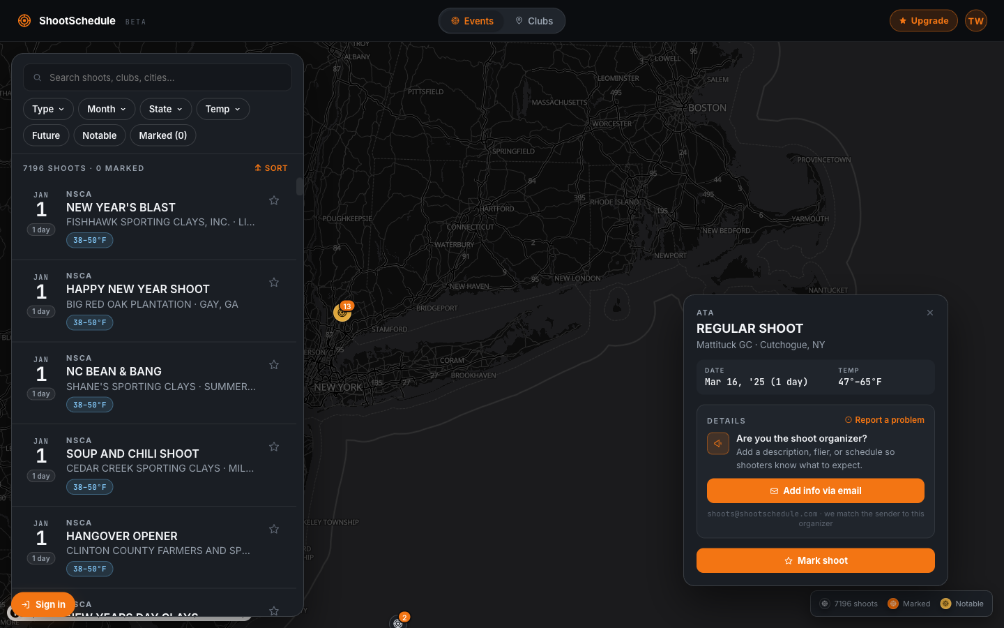 ShootSchedule web app: a shoot detail card with description, flier, and report-a-problem
