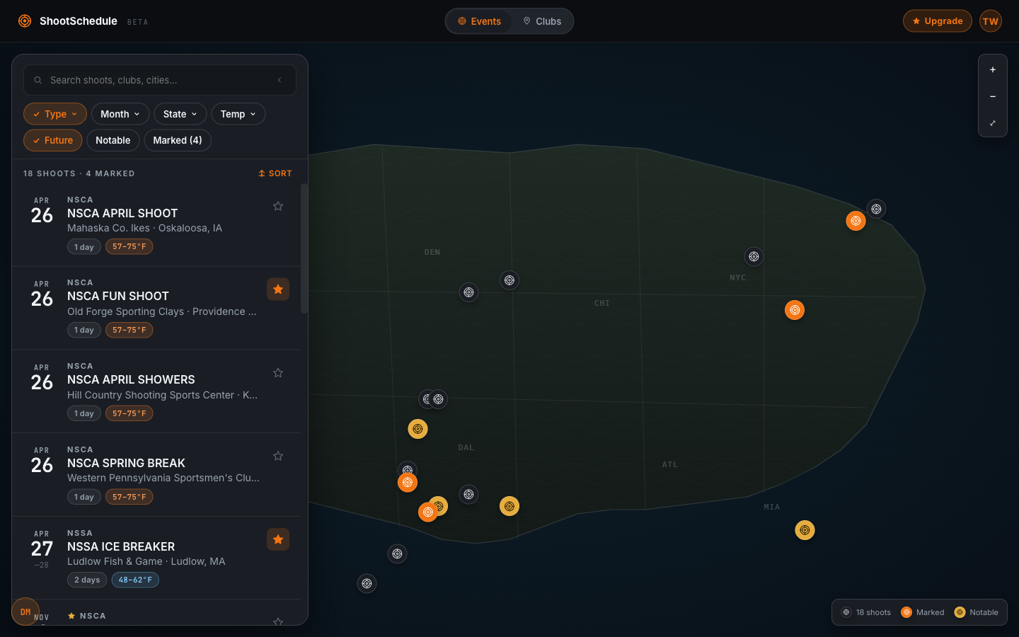 ShootSchedule web app: full-bleed map with floating list of upcoming shoots